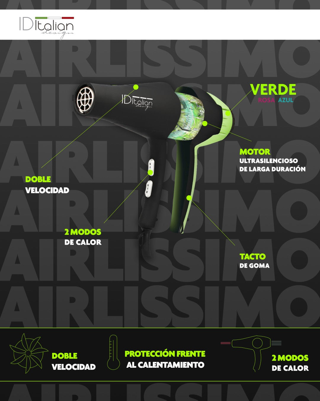 Secador de Pelo GTI 2300 Airlissimo Verde-Blanco