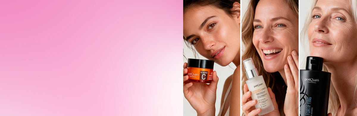 Tres mujeres sonrientes con productos postQuam en la mano