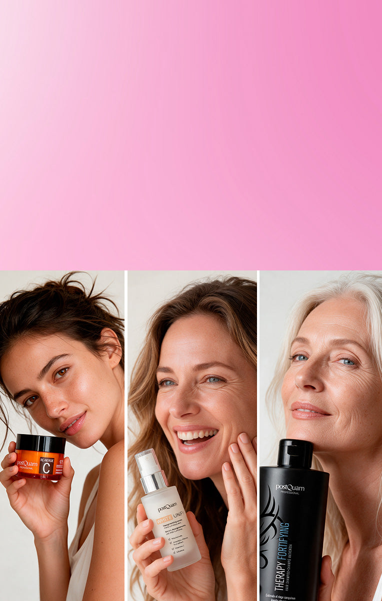 Tres mujeres sonrientes con productos postQuam en la mano